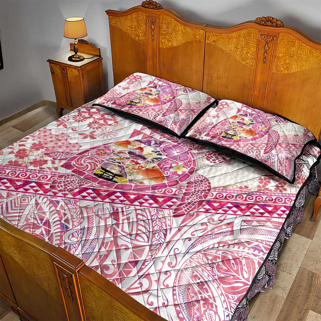 Hawaiian and Japanese Culture Together Quilt Bed Set Tropical Honu with Japanese Elements Pink Color