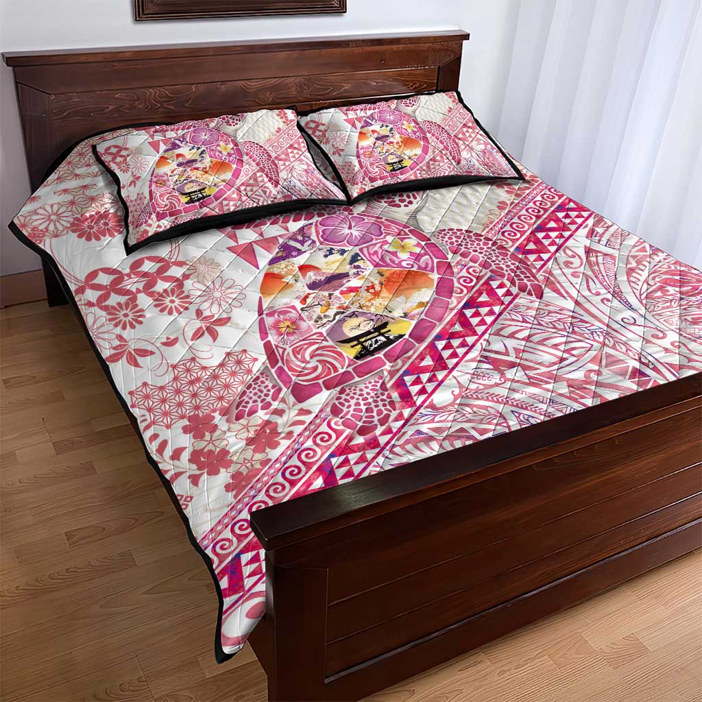 Hawaiian and Japanese Culture Together Quilt Bed Set Tropical Honu with Japanese Elements Pink Color