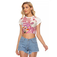 Hawaiian and Japanese Culture Together Raglan Cropped T Shirt Tropical Honu with Japanese Elements Pink Color