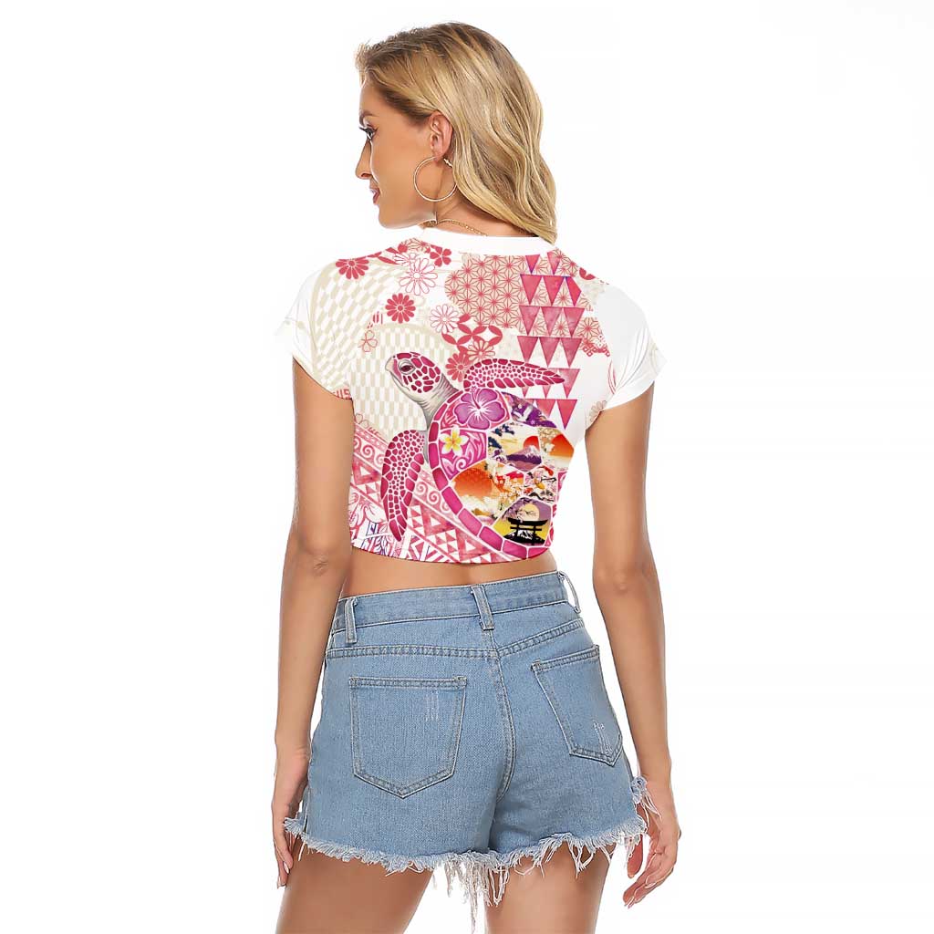 Hawaiian and Japanese Culture Together Raglan Cropped T Shirt Tropical Honu with Japanese Elements Pink Color