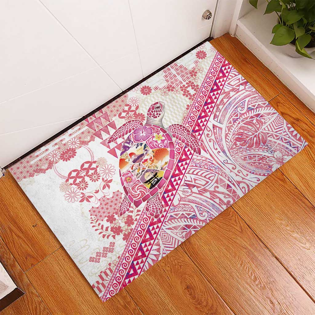 Hawaiian and Japanese Culture Together Rubber Doormat Tropical Honu with Japanese Elements Pink Color