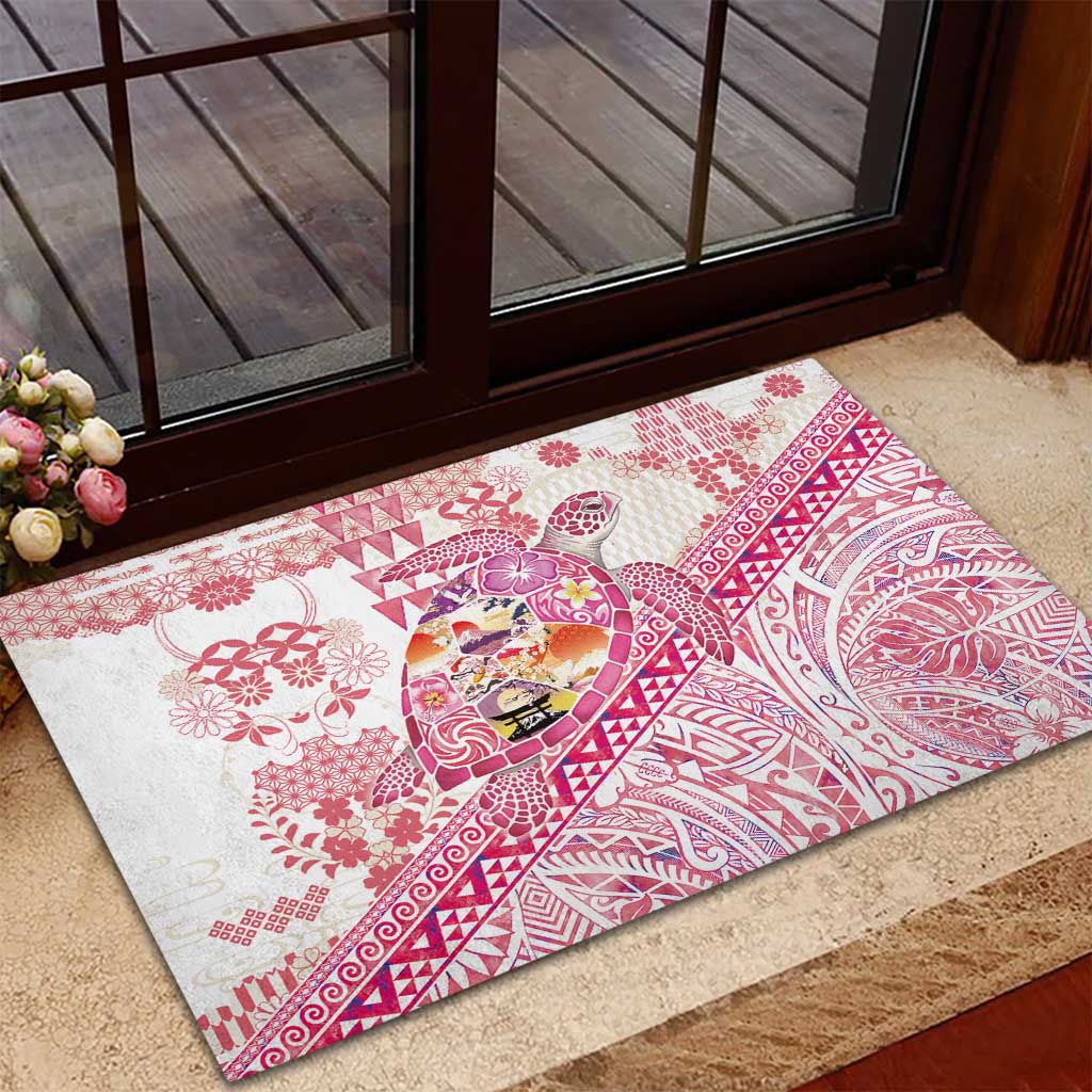 Hawaiian and Japanese Culture Together Rubber Doormat Tropical Honu with Japanese Elements Pink Color