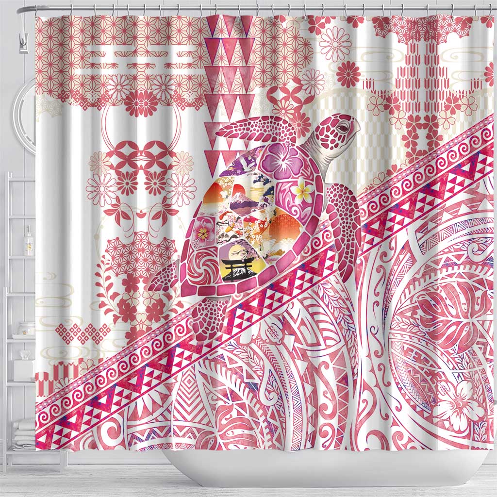 Hawaiian and Japanese Culture Together Shower Curtain Tropical Honu with Japanese Elements Pink Color