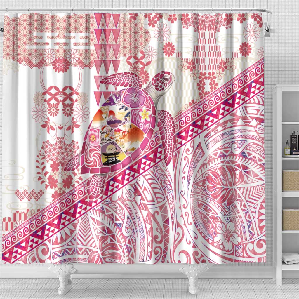 Hawaiian and Japanese Culture Together Shower Curtain Tropical Honu with Japanese Elements Pink Color