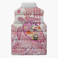 Hawaiian and Japanese Culture Together Sleeveless Puffer Jacket Tropical Honu with Japanese Elements Pink Color