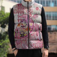 Hawaiian and Japanese Culture Together Sleeveless Puffer Jacket Tropical Honu with Japanese Elements Pink Color