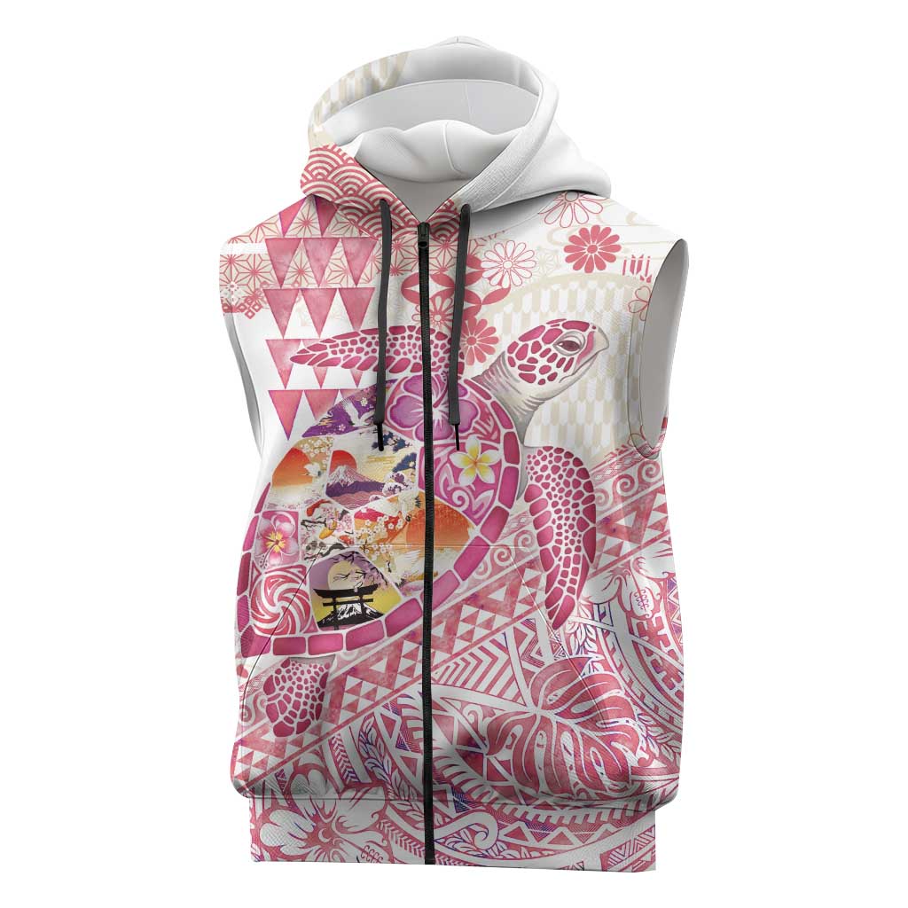 Hawaiian and Japanese Culture Together Sleeveless Zip Hoodie Tropical Honu with Japanese Elements Pink Color