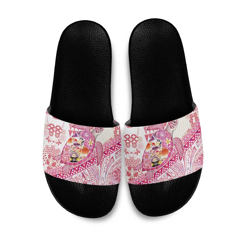 Hawaiian and Japanese Culture Together Slide Sandals Tropical Honu with Japanese Elements Pink Color