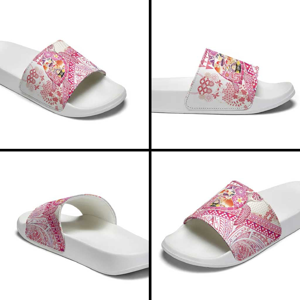Hawaiian and Japanese Culture Together Slide Sandals Tropical Honu with Japanese Elements Pink Color
