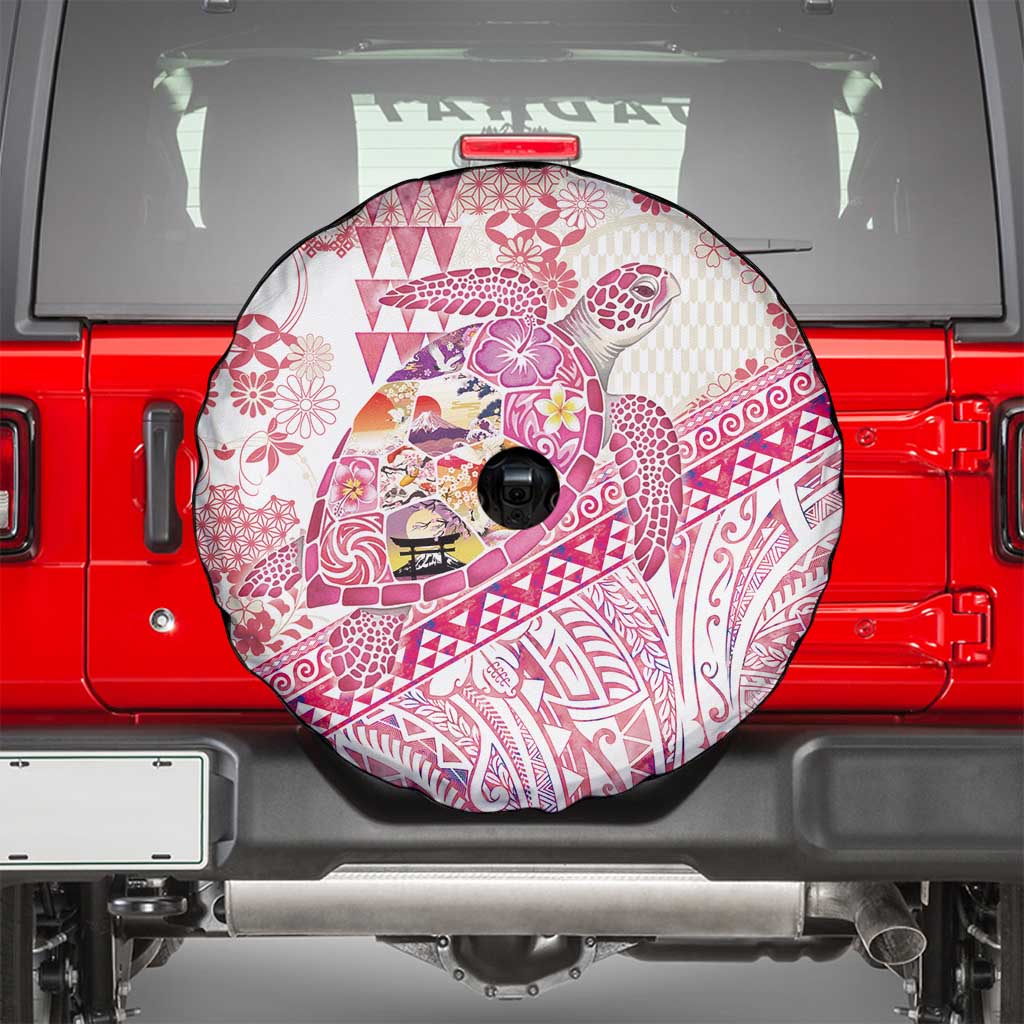 Hawaiian and Japanese Culture Together Spare Tire Cover Tropical Honu with Japanese Elements Pink Color