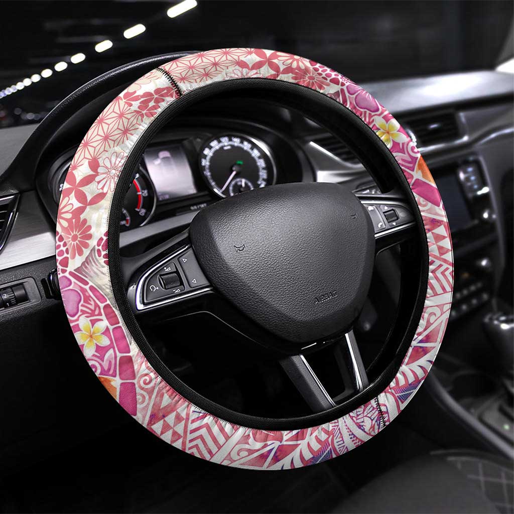 Hawaiian and Japanese Culture Together Steering Wheel Cover Tropical Honu with Japanese Elements Pink Color