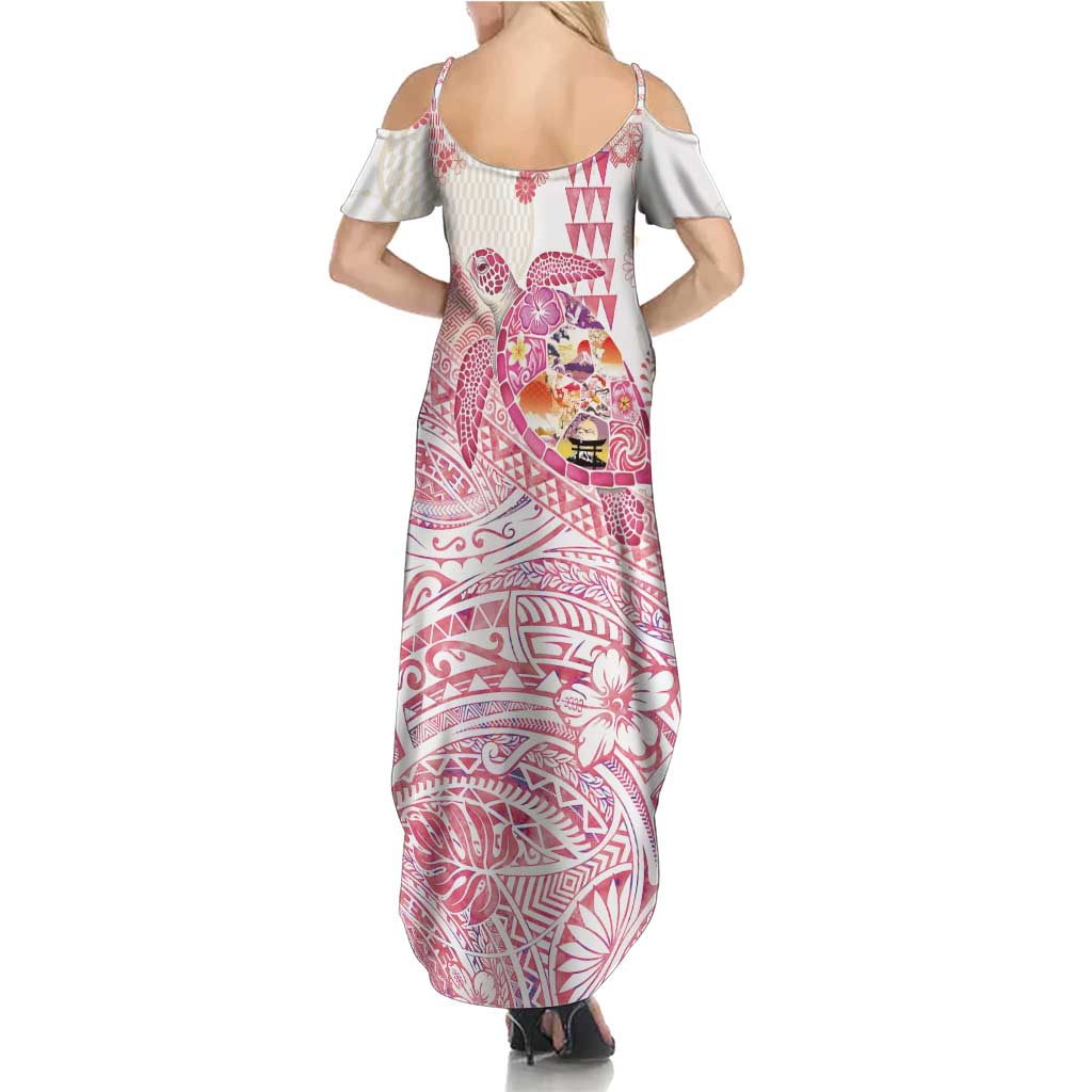 Hawaiian and Japanese Culture Together Summer Maxi Dress Tropical Honu with Japanese Elements Pink Color