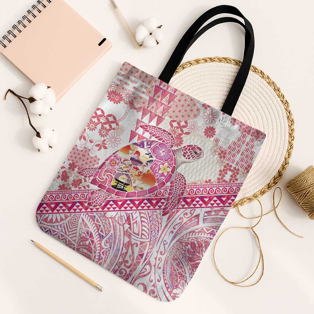 Hawaiian and Japanese Culture Together Tote Bag Tropical Honu with Japanese Elements Pink Color