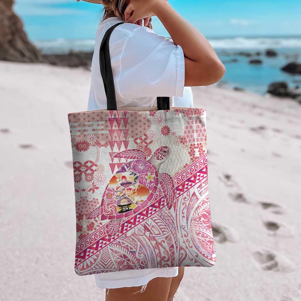 Hawaiian and Japanese Culture Together Tote Bag Tropical Honu with Japanese Elements Pink Color