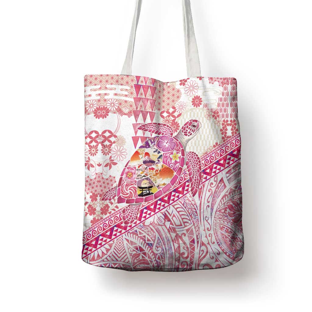 Hawaiian and Japanese Culture Together Tote Bag Tropical Honu with Japanese Elements Pink Color
