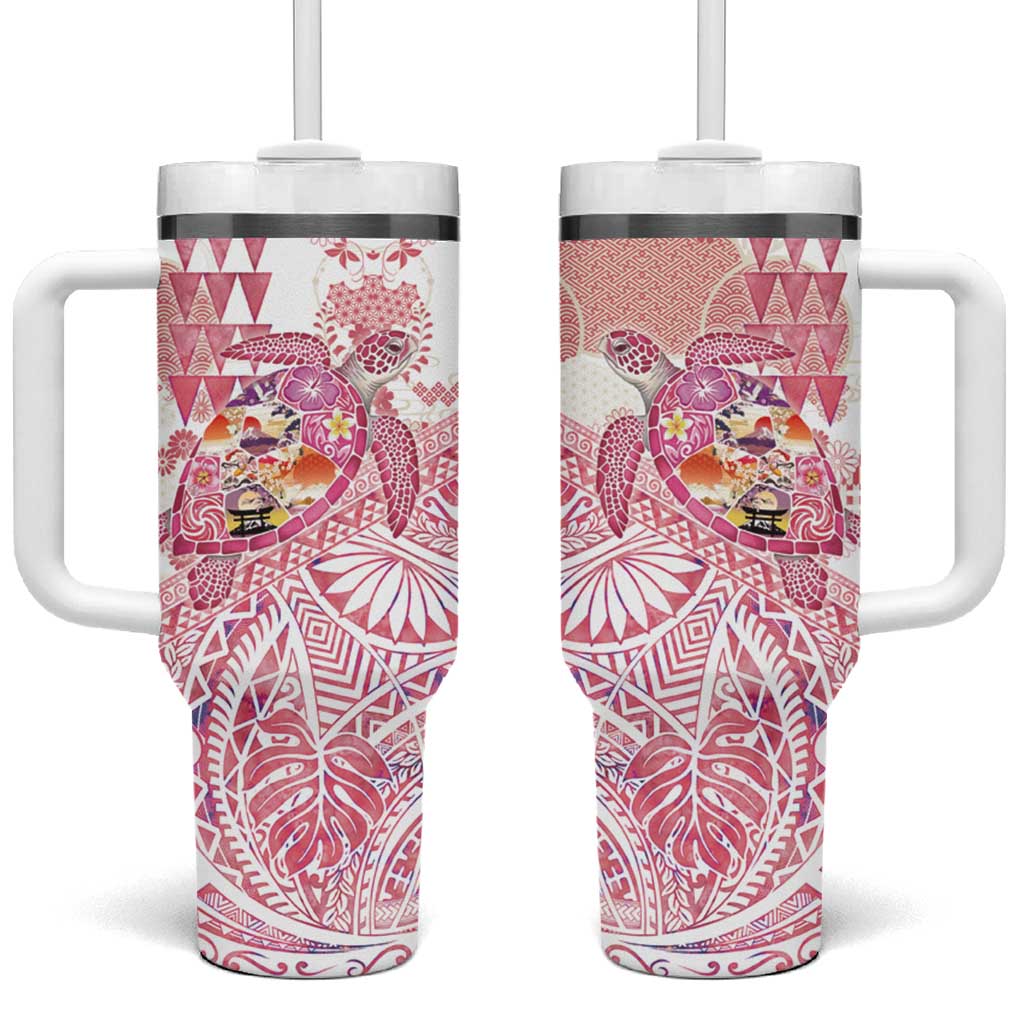 Hawaiian and Japanese Culture Together Tumbler With Handle Tropical Honu with Japanese Elements Pink Color