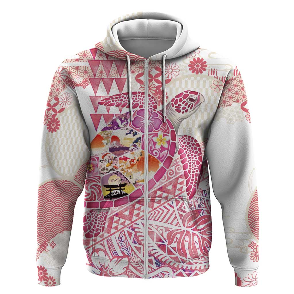 Hawaiian and Japanese Culture Together Zip Hoodie Tropical Honu with Japanese Elements Pink Color
