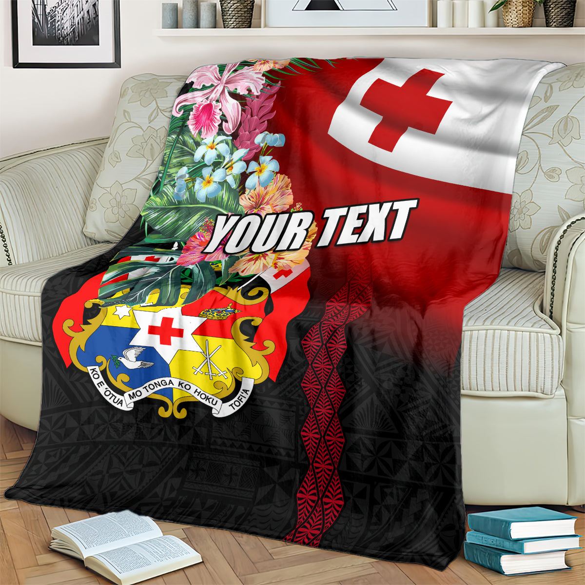 Personalised Tonga Emancipation Day Blanket Flag Map and Hibiscus Flower Ngatu Pattern