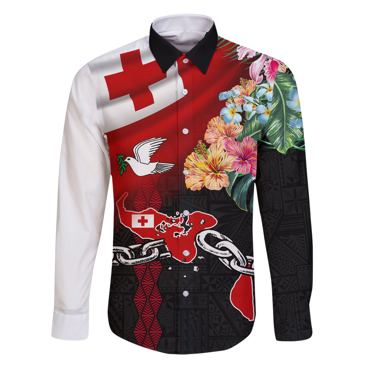 Personalised Tonga Emancipation Day Family Matching Mermaid Dress and Hawaiian Shirt Flag Map and Hibiscus Flower Ngatu Pattern LT03 Dad's Shirt - Long Sleeve Black - Polynesian Pride