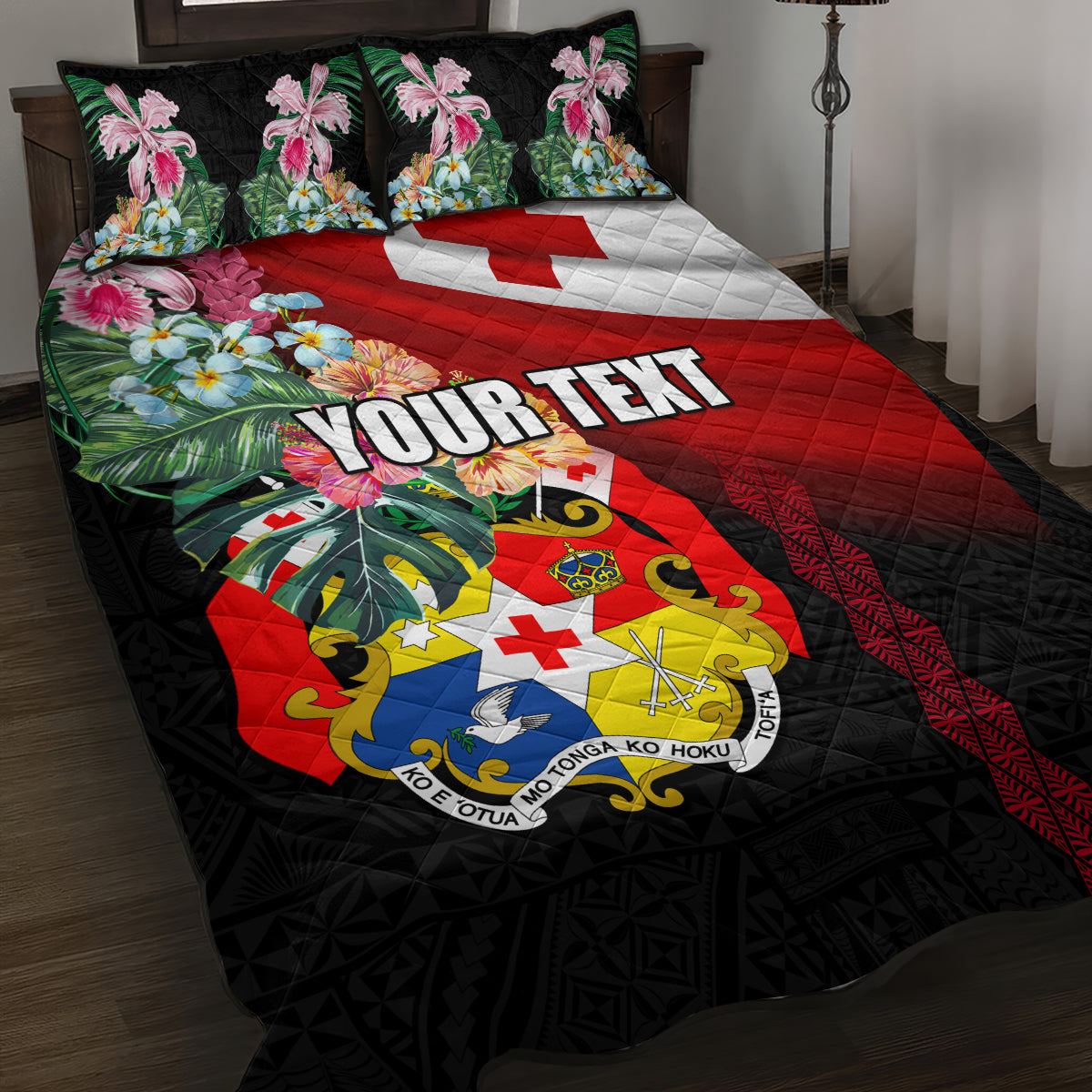 Personalised Tonga Emancipation Day Quilt Bed Set Flag Map and Hibiscus Flower Ngatu Pattern