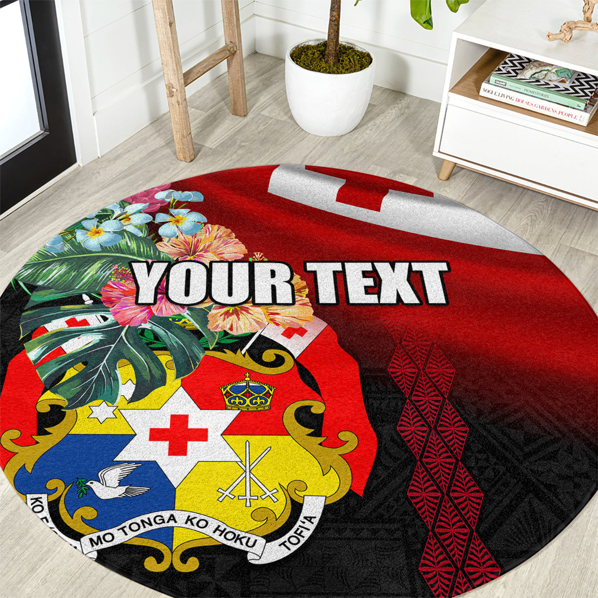 Personalised Tonga Emancipation Day Round Carpet Flag Map and Hibiscus Flower Ngatu Pattern
