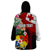 Personalised Tonga Emancipation Day Wearable Blanket Hoodie Flag Map and Hibiscus Flower Ngatu Pattern LT03 - Polynesian Pride