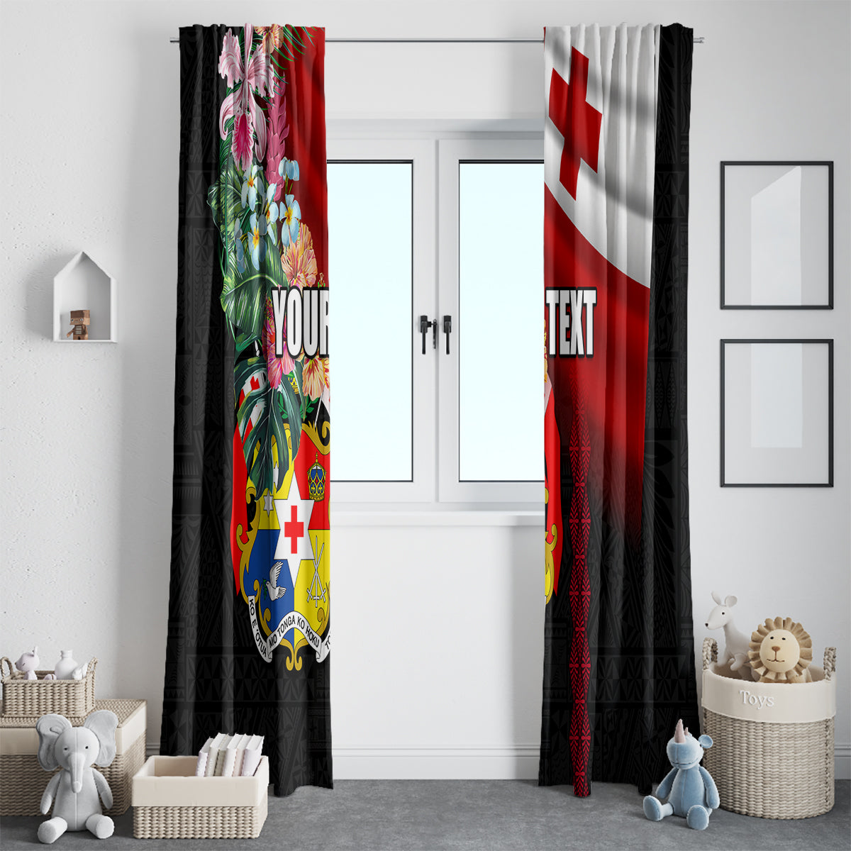 Personalised Tonga Emancipation Day Window Curtain Flag Map and Hibiscus Flower Ngatu Pattern