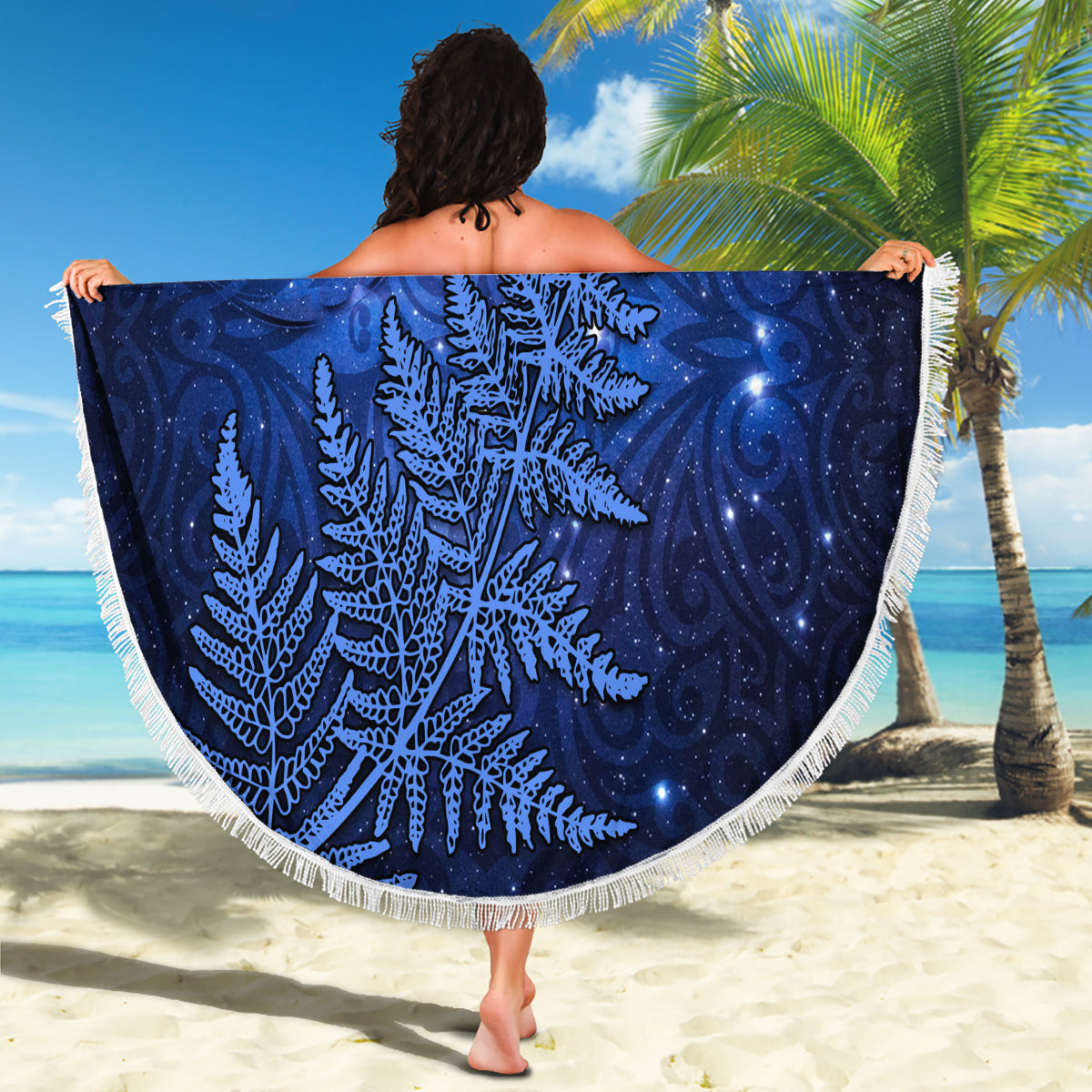 New Zealand Matariki Beach Blanket Maori Pattern and Silver Fern