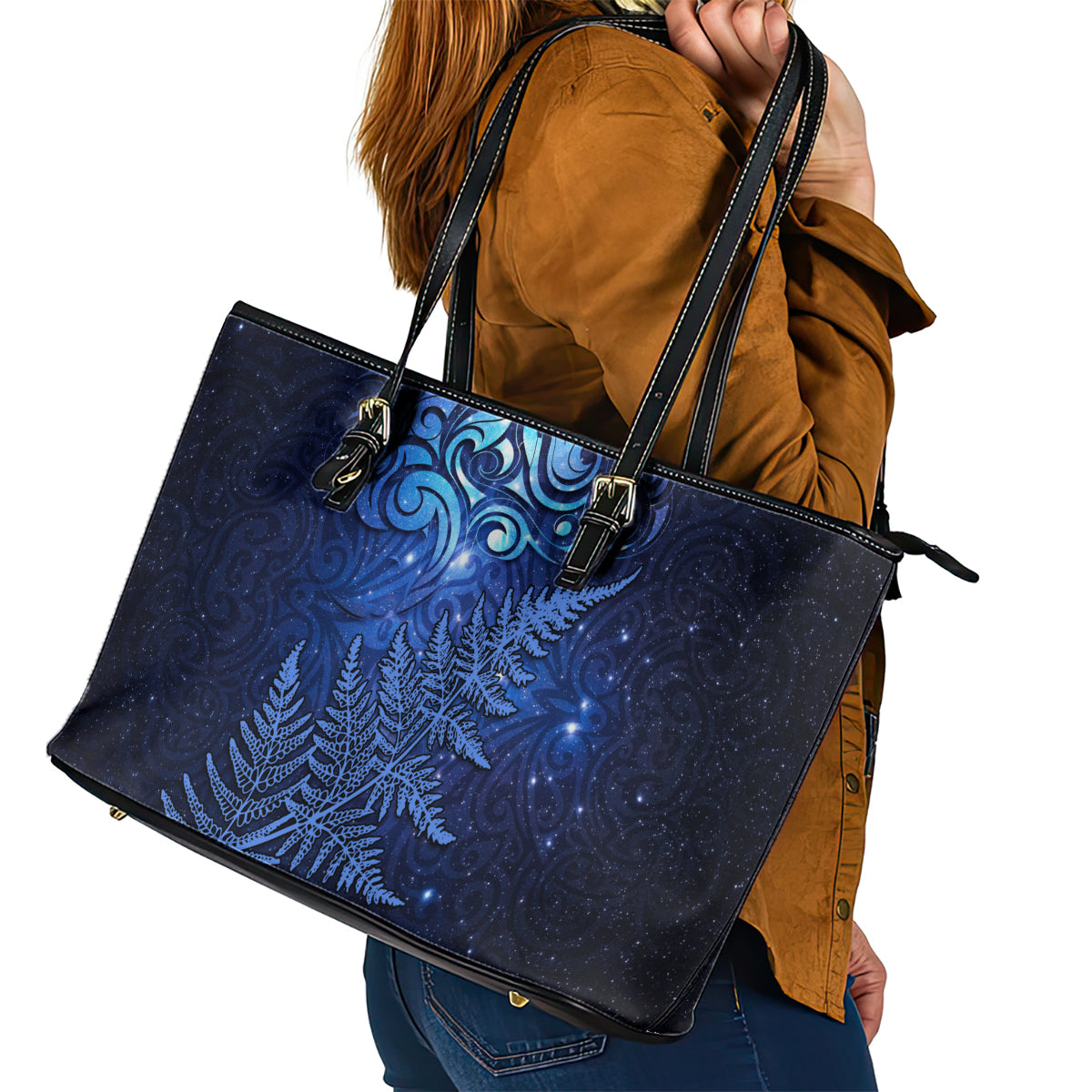New Zealand Matariki Leather Tote Bag Maori Pattern and Silver Fern