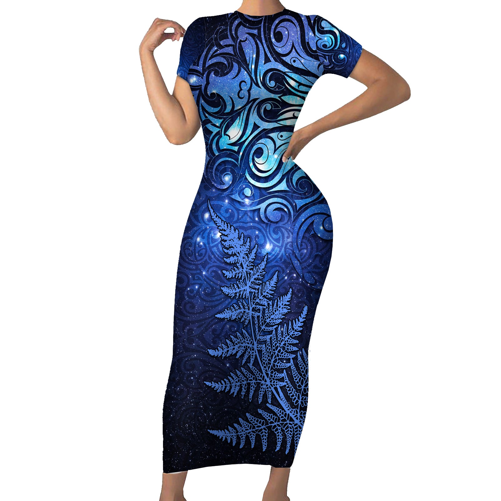 New Zealand Matariki Short Sleeve Bodycon Dress Maori Pattern and Silver Fern