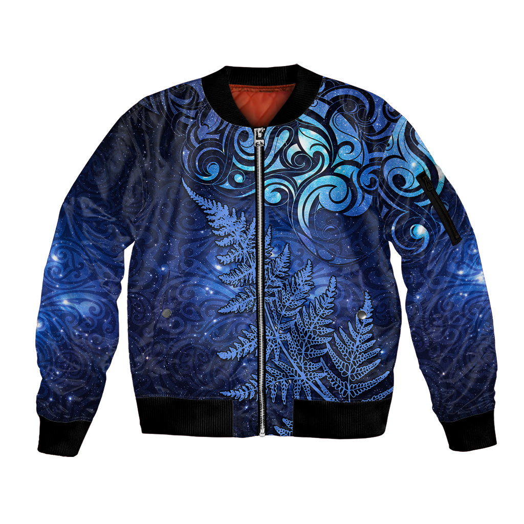 New Zealand Matariki Sleeve Zip Bomber Jacket Maori Pattern and Silver Fern