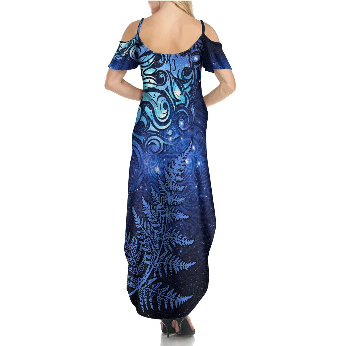 New Zealand Matariki Summer Maxi Dress Maori Pattern and Silver Fern
