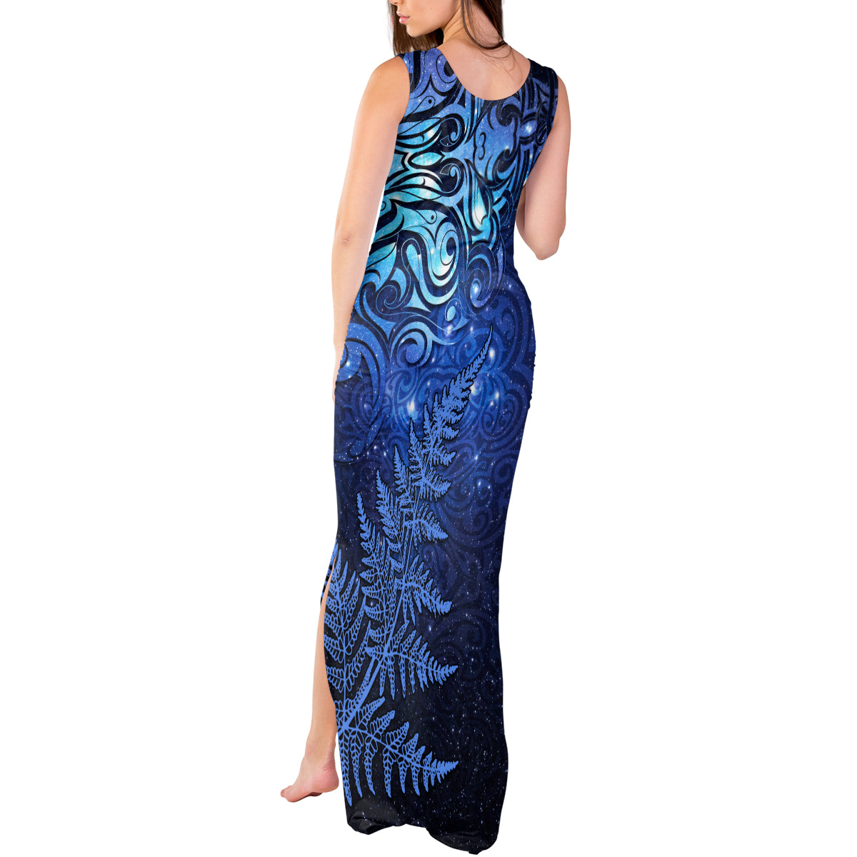 New Zealand Matariki Tank Maxi Dress Maori Pattern and Silver Fern