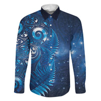 Aotearoa New Zealand New Year Family Matching Mermaid Dress and Hawaiian Shirt Tribal Koru Tattoo Blue Galaxy Maori Silver Fern LT03 Dad's Shirt - Long Sleeve Blue - Polynesian Pride