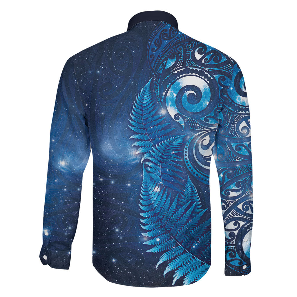 Aotearoa New Zealand New Year Family Matching Off The Shoulder Long Sleeve Dress and Hawaiian Shirt Tribal Koru Tattoo Blue Galaxy Maori Silver Fern LT03 - Polynesian Pride