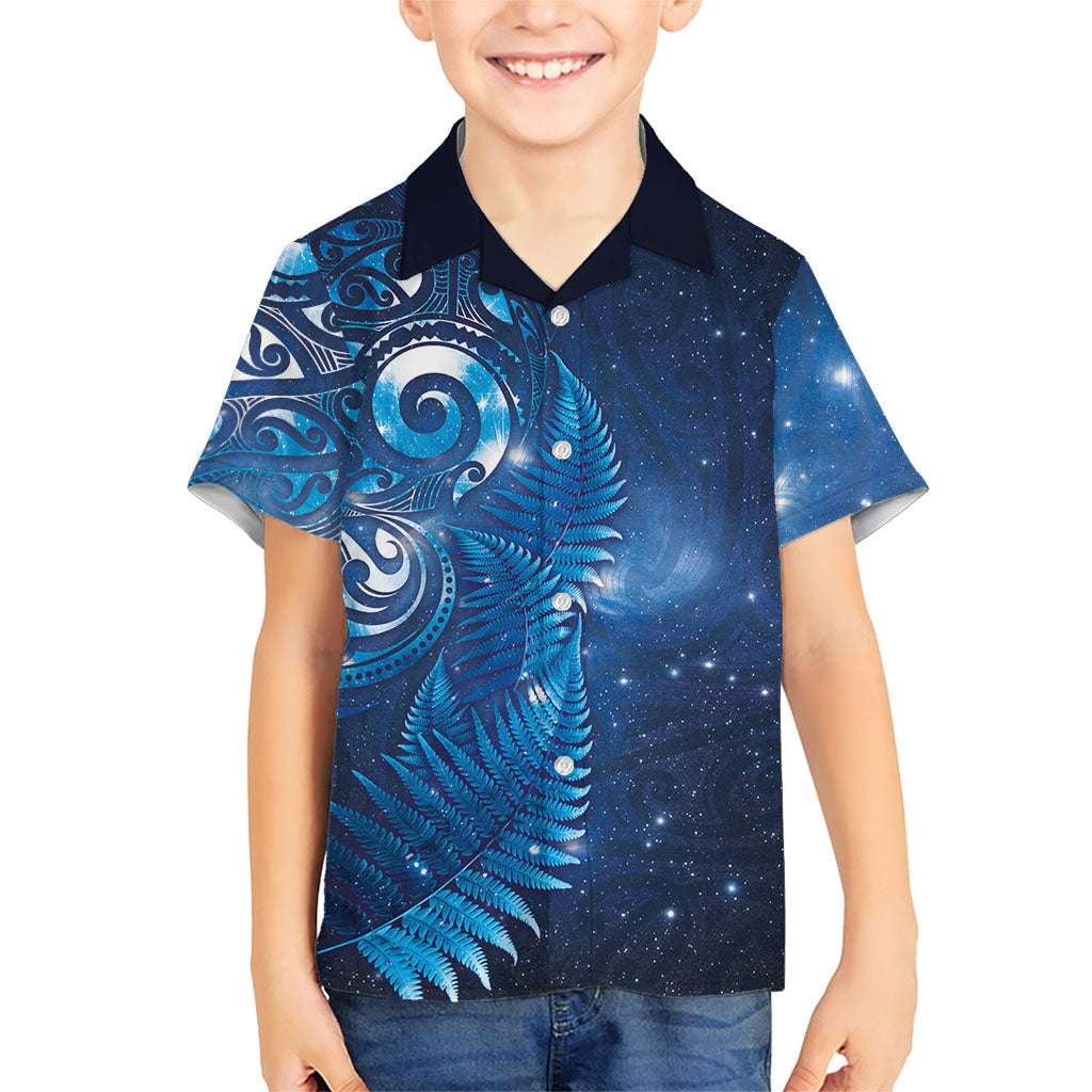 Aotearoa New Zealand New Year Family Matching Off The Shoulder Long Sleeve Dress and Hawaiian Shirt Tribal Koru Tattoo Blue Galaxy Maori Silver Fern LT03 Son's Shirt Blue - Polynesian Pride