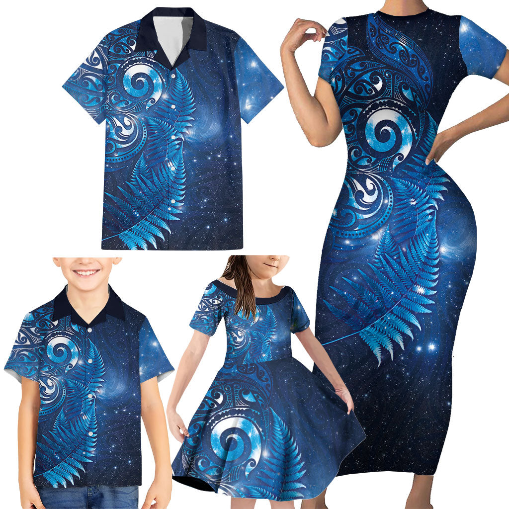 Aotearoa New Zealand New Year Family Matching Short Sleeve Bodycon Dress and Hawaiian Shirt Tribal Koru Tattoo Blue Galaxy Maori Silver Fern LT03 - Polynesian Pride