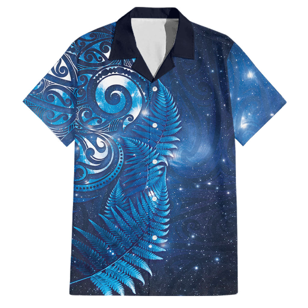 Aotearoa New Zealand New Year Family Matching Short Sleeve Bodycon Dress and Hawaiian Shirt Tribal Koru Tattoo Blue Galaxy Maori Silver Fern LT03 Dad's Shirt - Short Sleeve Blue - Polynesian Pride