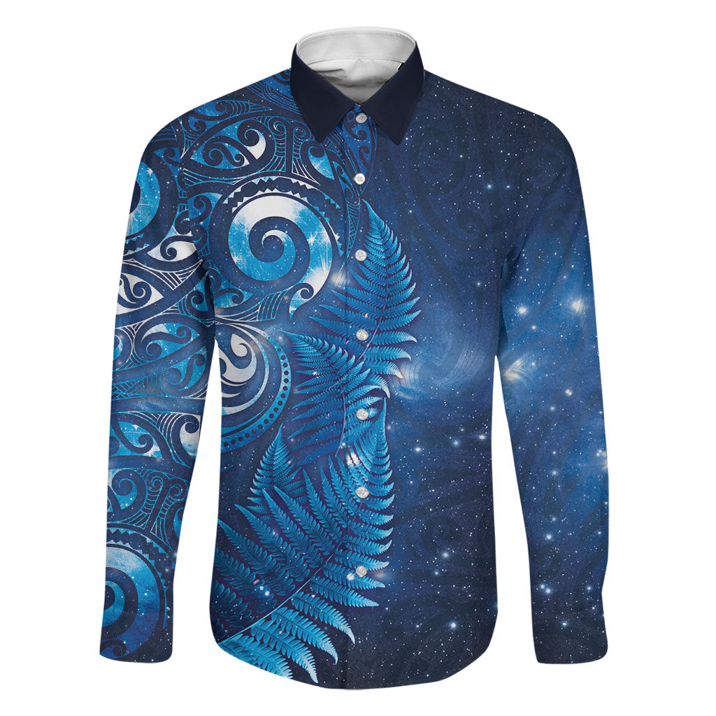 Aotearoa New Zealand New Year Family Matching Short Sleeve Bodycon Dress and Hawaiian Shirt Tribal Koru Tattoo Blue Galaxy Maori Silver Fern LT03 Dad's Shirt - Long Sleeve Blue - Polynesian Pride