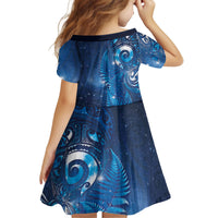 Aotearoa New Zealand New Year Kid Short Sleeve Dress Tribal Koru Tattoo Blue Galaxy Maori Silver Fern LT03 - Polynesian Pride