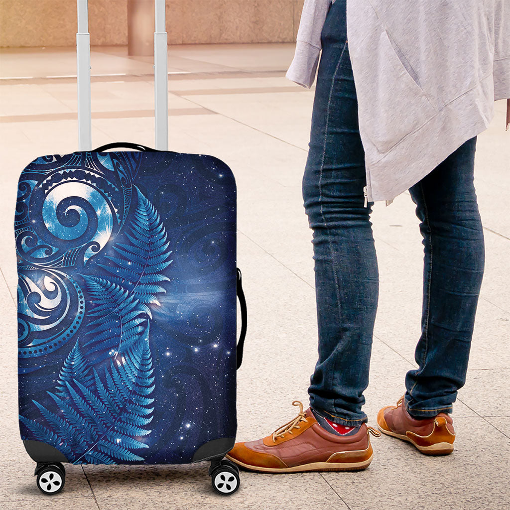 Aotearoa New Zealand New Year Luggage Cover Tribal Koru Tattoo Blue Galaxy Maori Silver Fern