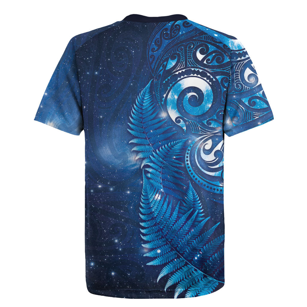Aotearoa New Zealand New Year Rugby Jersey Tribal Koru Tattoo Blue Galaxy Maori Silver Fern