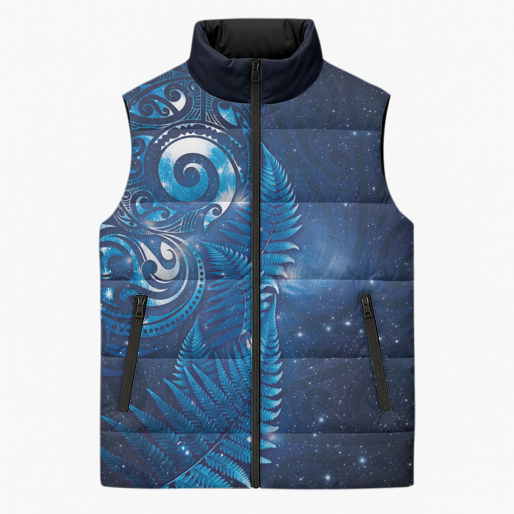 Aotearoa New Zealand New Year Sleeveless Puffer Jacket Tribal Koru Tattoo Blue Galaxy Maori Silver Fern