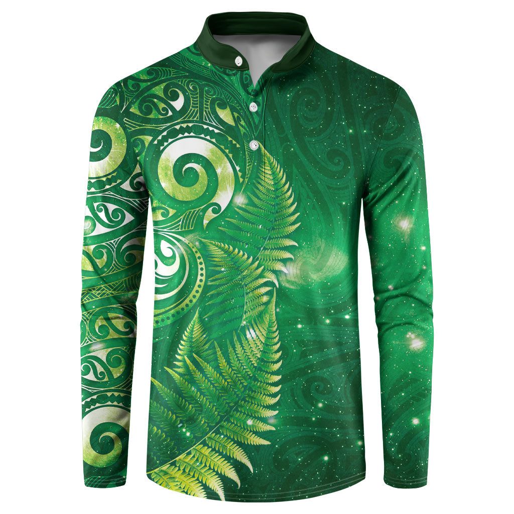 Aotearoa New Zealand New Year Button Sweatshirt Tribal Koru Tattoo Green Galaxy Maori Silver Fern