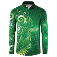 Aotearoa New Zealand New Year Button Sweatshirt Tribal Koru Tattoo Green Galaxy Maori Silver Fern
