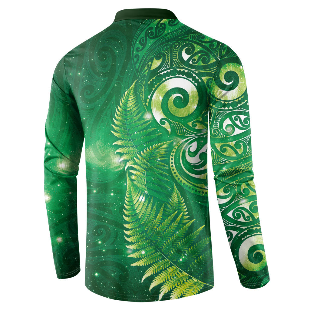 Aotearoa New Zealand New Year Button Sweatshirt Tribal Koru Tattoo Green Galaxy Maori Silver Fern