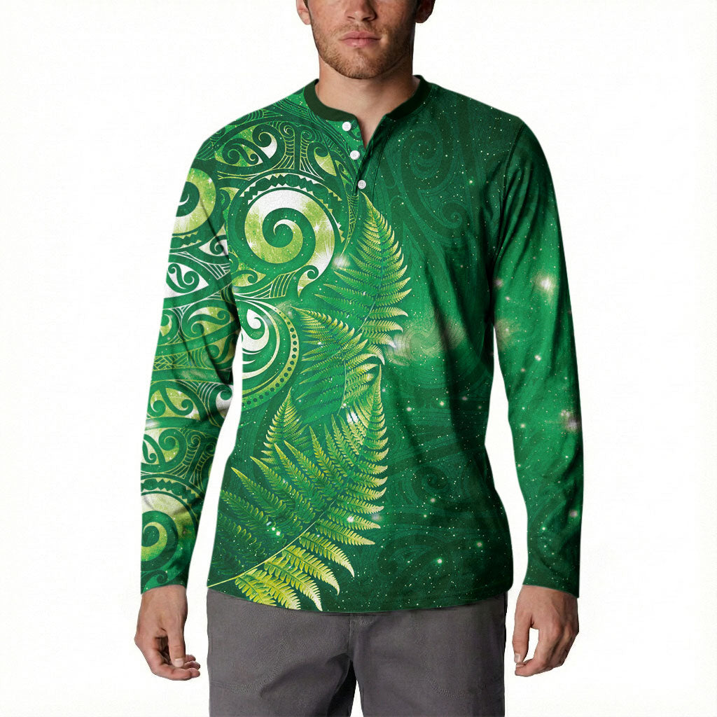 Aotearoa New Zealand New Year Button Sweatshirt Tribal Koru Tattoo Green Galaxy Maori Silver Fern