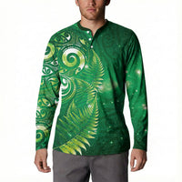 Aotearoa New Zealand New Year Button Sweatshirt Tribal Koru Tattoo Green Galaxy Maori Silver Fern