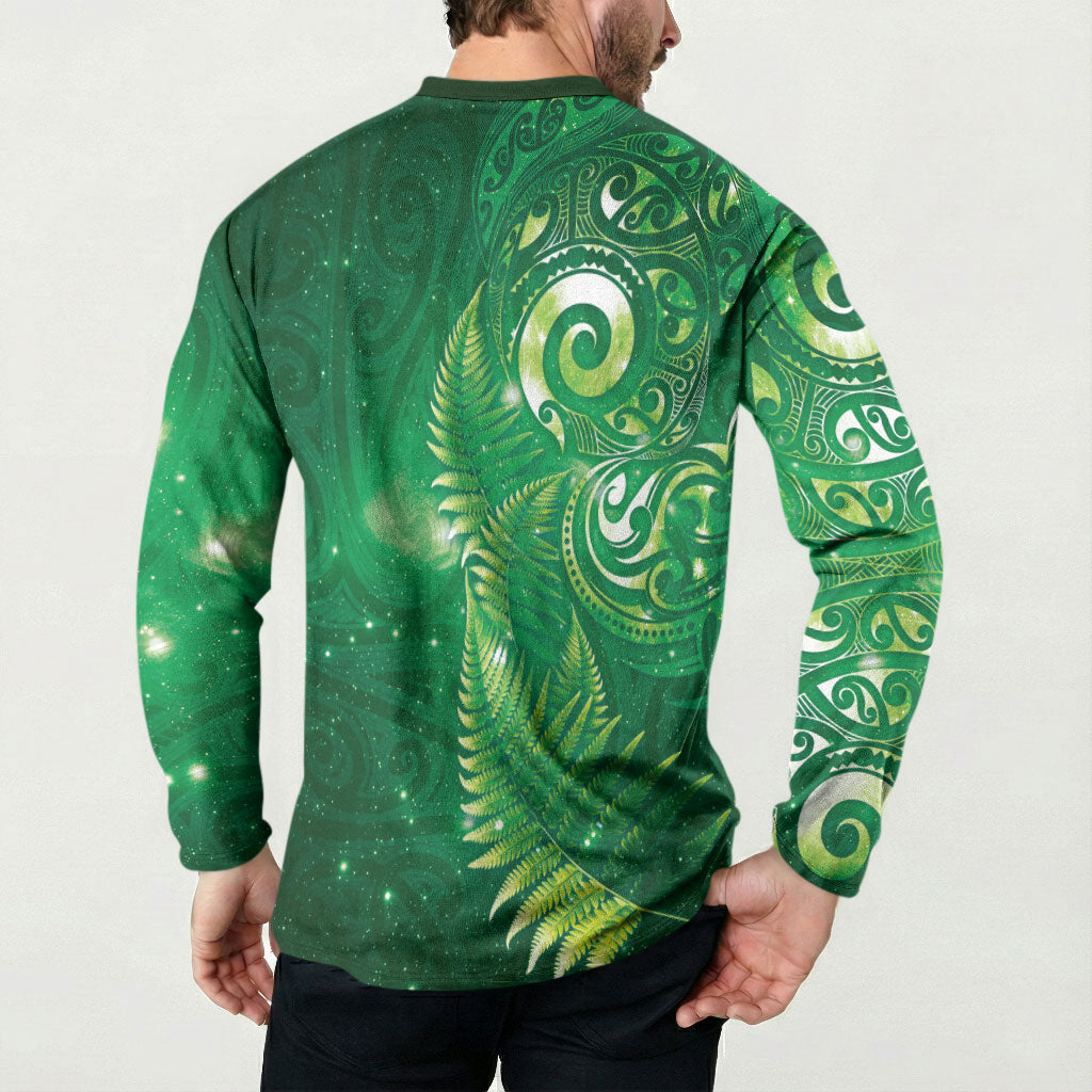 Aotearoa New Zealand New Year Button Sweatshirt Tribal Koru Tattoo Green Galaxy Maori Silver Fern