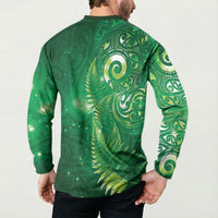 Aotearoa New Zealand New Year Button Sweatshirt Tribal Koru Tattoo Green Galaxy Maori Silver Fern
